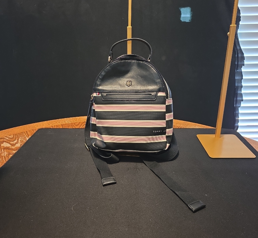 Tommy Hilfiger Black, Pink & Cream Striped Mini Backpack